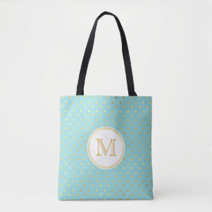 Elegant Aqua and Gold Polka Dots With Monogram Tote Bag