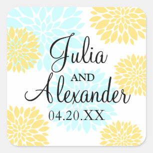 Elegant Aqua and Light Yellow Floral Burst Wedding Square Sticker