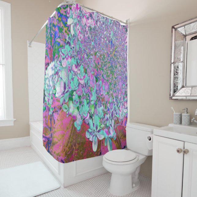 Elegant Aqua and Purple Limelight Hydrangea Detail Shower Curtain (In Situ)