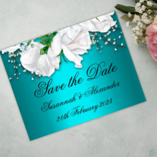 Elegant Aqua and White Rose Bouquet Save the Date Announcement Postcard