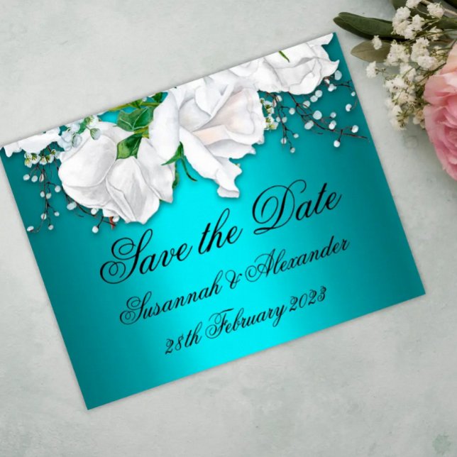 Elegant Aqua and White Rose Bouquet Save the Date Announcement Postcard (Creator Uploaded)