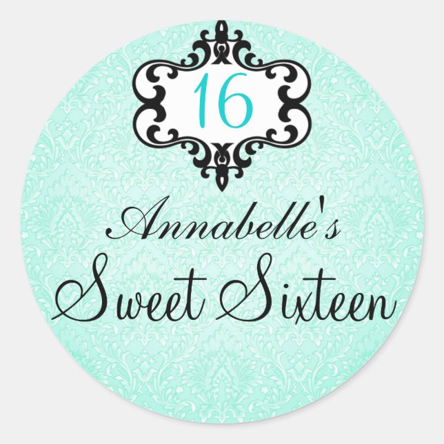 Elegant Aqua & Black Chic Damask Sweet 16 Sticker (Front)