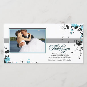 Elegant aqua + black flowers wedding thank you card