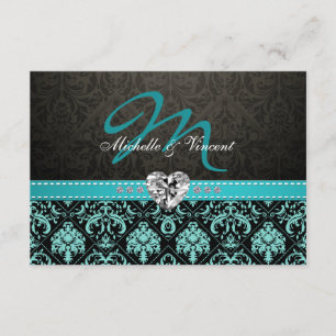 Elegant Aqua Blue and Black Damask Monogram RSVP Card