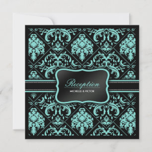Elegant Aqua Blue and Black Damask Reception Only Invitation