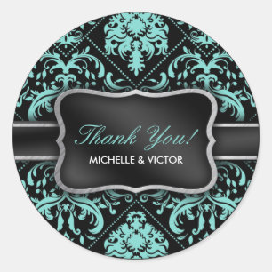 Elegant Aqua Blue and Black Damask Thank You Classic Round Sticker