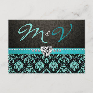 Elegant Aqua Blue and Black Damask with Diamonds RSVP Card