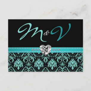 Elegant Aqua Blue and Black Damask with Diamonds RSVP Card