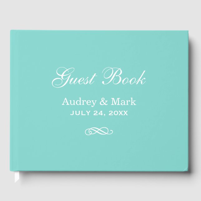 Elegant Aqua Blue and White Wedding Guest Book (Front)