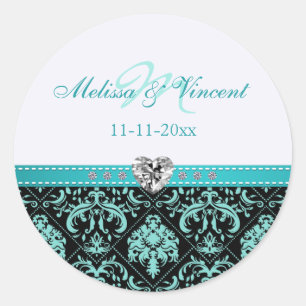 Elegant Aqua Blue / Black Damask "Bride & Groom" Classic Round Sticker