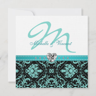 Elegant Aqua Blue / Black Damask Monogram Invites