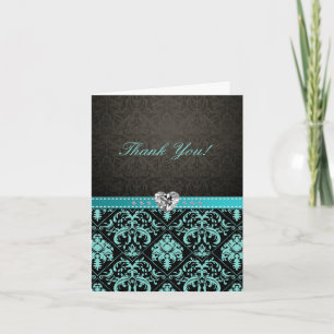 Elegant Aqua Blue / Black Damask "Thank You" cards