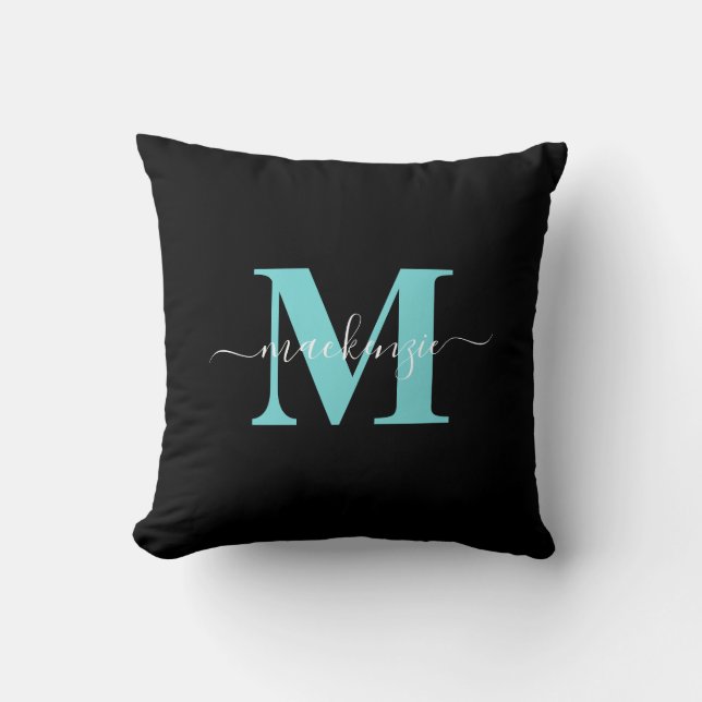 Elegant Aqua Blue Black Monogram Name Cushion (Front)