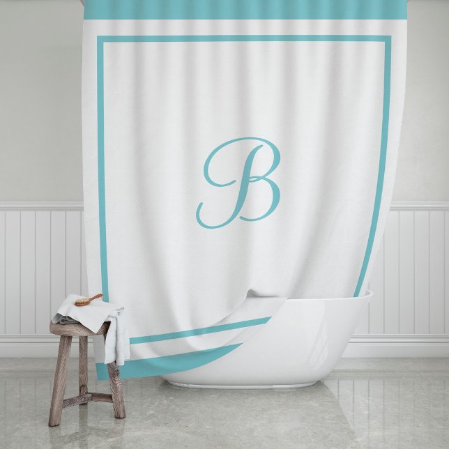 Elegant Aqua Blue Border Script Monogram Shower Curtain (Creator Uploaded)