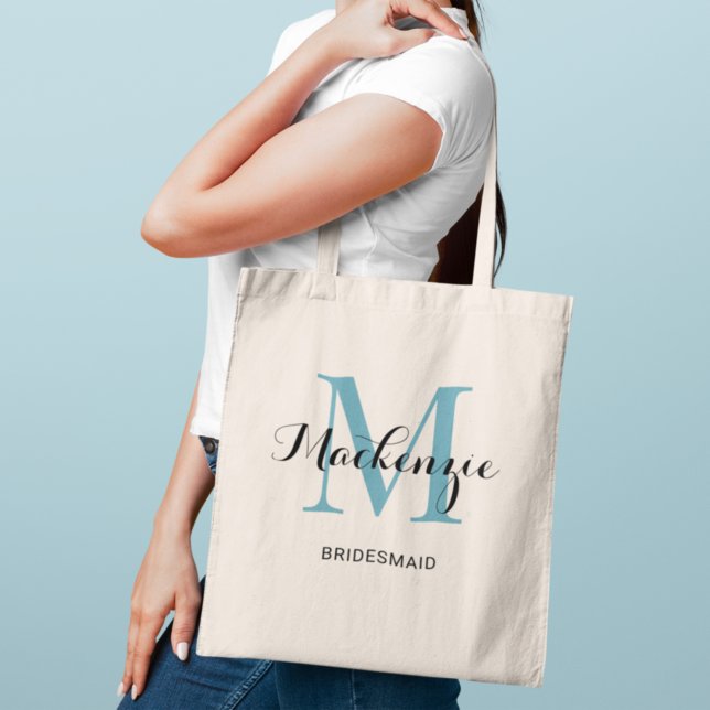 Elegant Aqua Blue Custom Wedding Bridesmaid Name Tote Bag (Creator Uploaded)