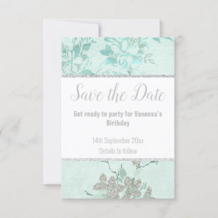 ELEGANT AQUA BLUE FLORAL SILVER GLITTER RSVP CARD