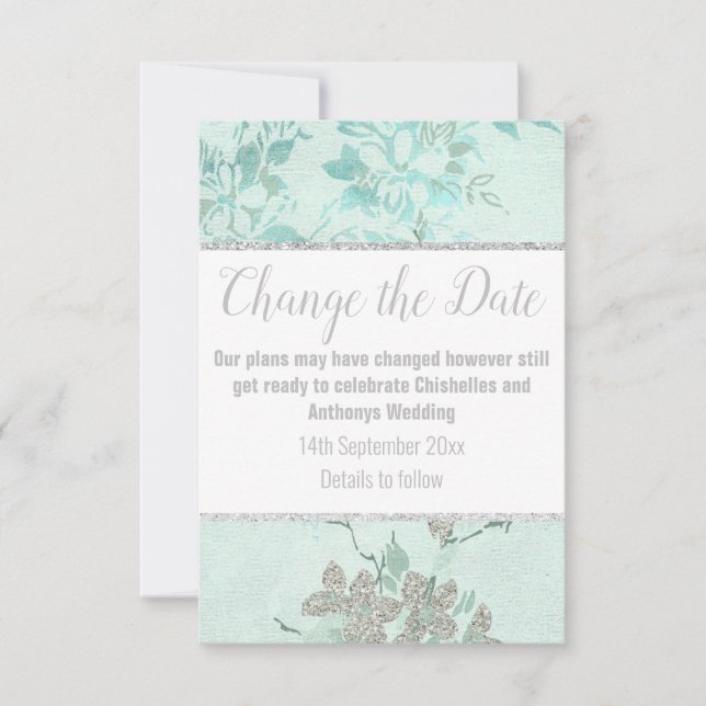 ELEGANT AQUA BLUE FLORAL SILVER POSTPONEMENT CARD (Front)