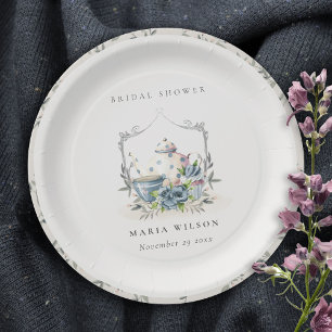 Elegant Aqua Blue floral Teapot Cup Bridal Shower Paper Plate