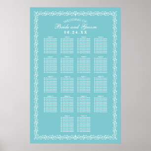 Elegant Aqua Blue Flourish Wedding Seating Poster