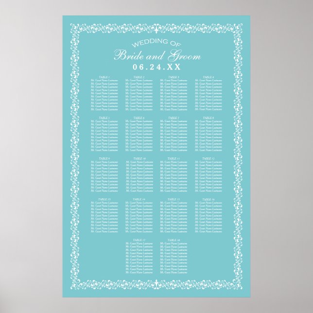Elegant Aqua Blue Flourish Wedding Seating Poster (Front)