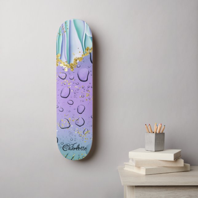 Elegant Aqua Blue Gradient Ombre Custom Name Skateboard (Wall Art)