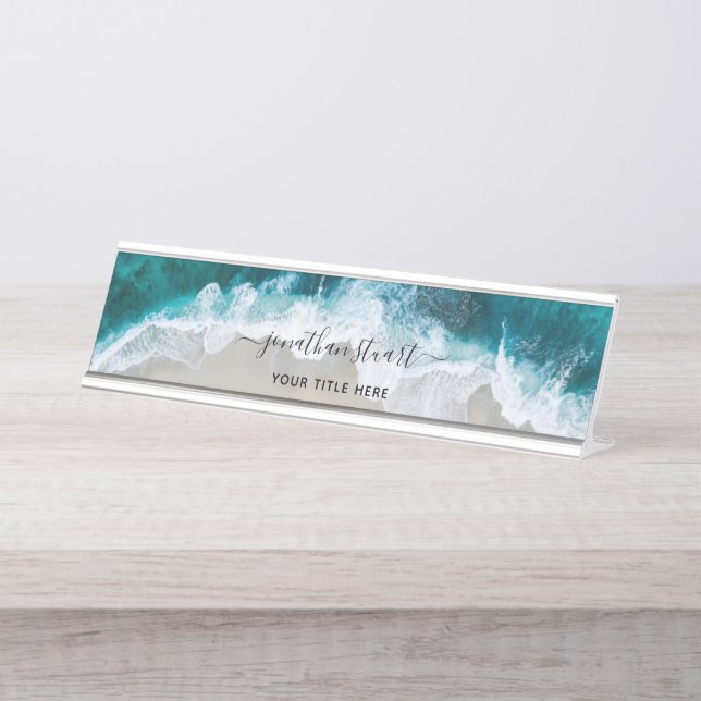 Elegant Aqua Blue Green Beach Script Desk Name Plate (Front)