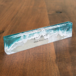 Elegant Aqua Blue Green Beach Script Modern Nameplate