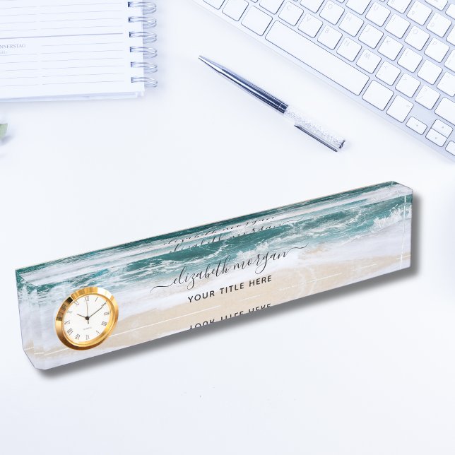 Elegant Aqua Blue Green Script Name Clock Desk Nam Nameplate (Creator Uploaded)