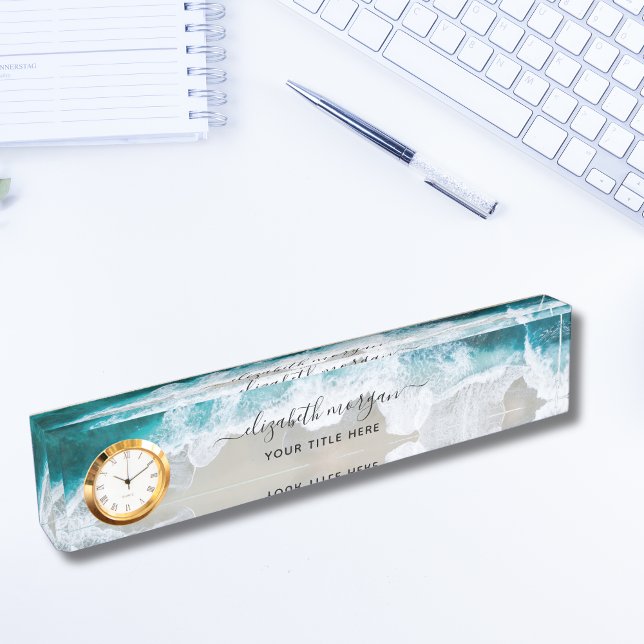 Elegant Aqua Blue Green Script Name Clock Desk Nam Nameplate (Creator Uploaded)