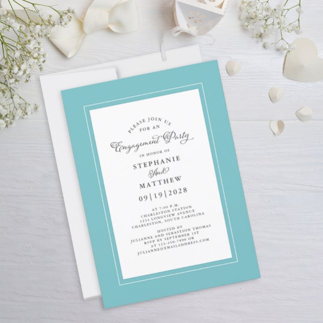 Elegant Aqua Blue Green Wedding Engagement Party Invitation (Creator Uploaded)