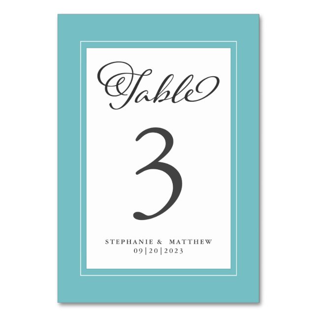 Elegant Aqua Blue Green & White Wedding Reception Table Number (Front)