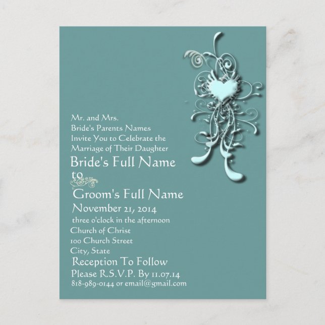 Elegant Aqua Blue Heart Swirl Wedding Invitation Postcard (Front)
