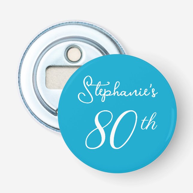 Elegant Aqua Blue Monogram 80th Birthday Party Bottle Opener (Front)