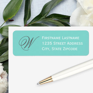 Elegant Aqua Blue Script Monogram Address Return Address Label