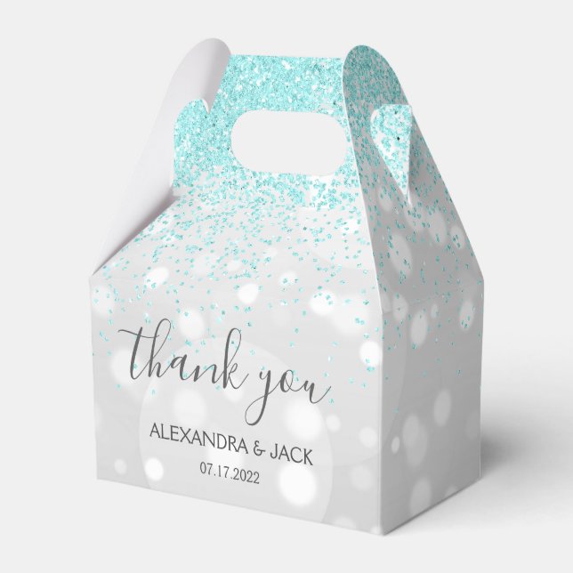 Elegant Aqua Blue Silver Sparkly Glitter Wedding Favour Box (Front Side)