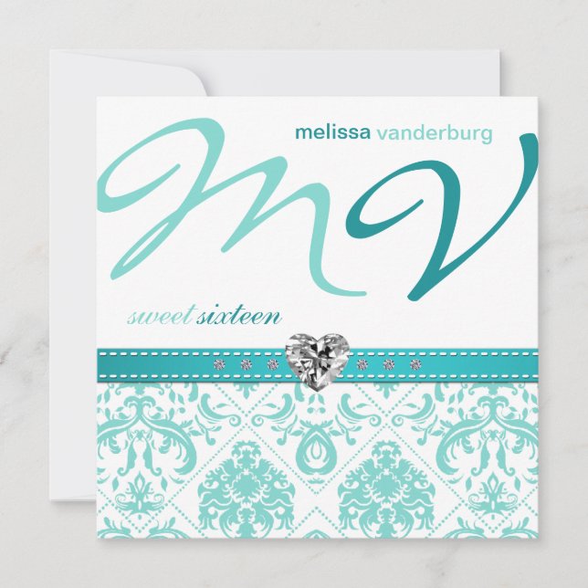 Elegant Aqua blue Sweet Sixteen Birthday Invites (Front)