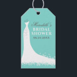 Elegant Aqua Blue Wedding Gown Bridal Shower Gift Tags<br><div class="desc">Cardstock bridal shower favour tags feature a wedding gown,  white,  aqua or robin's egg blue,  and dark charcoal grey colour scheme,  and custom text that can be personalised with the bride's name and event date. A chic butterfly pattern dresses up the back side of the card.</div>