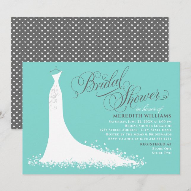 Elegant Aqua Blue Wedding Gown Bridal Shower Invitation (Front/Back)