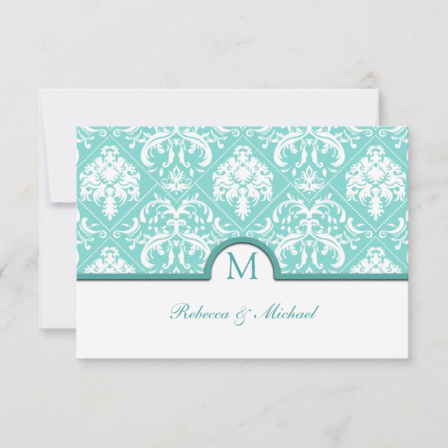 Elegant Aqua Blue & White Damask Monogram RSVP (Front)