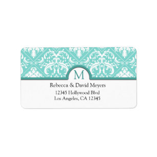 Elegant Aqua Blue & White Damask with Monogram Label