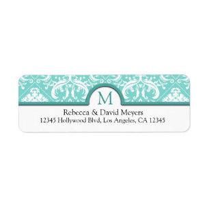 Elegant Aqua Blue & White Damask with Monogram Return Address Label