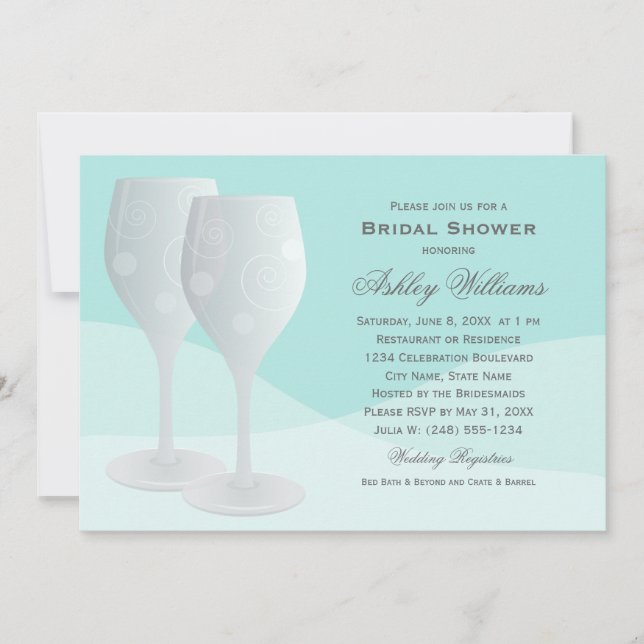Elegant Aqua Cheers Wine Glasses Bridal Shower Invitation (Front)