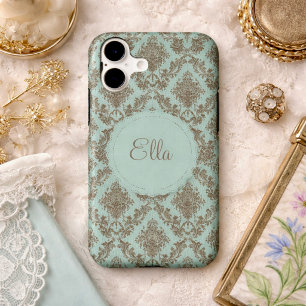 Elegant Aqua & Chocolate Damask Pattern   Vintage 