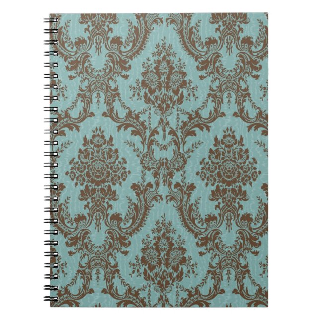 Elegant Aqua & Chocolate Damask Pattern | Vintage  Notebook (Front)