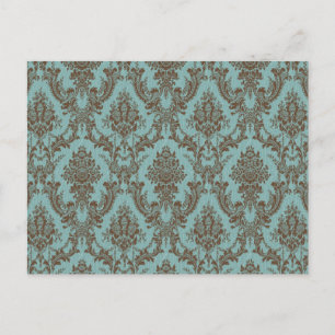 Elegant Aqua & Chocolate Damask Pattern Vintage Postcard