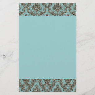 Elegant Aqua & Chocolate Damask Pattern Vintage Stationery
