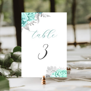 Elegant Aqua Floral Silver Wedding Table Number