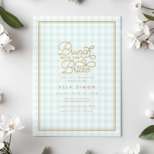 Elegant Aqua Gingham Gold Bridal Shower Brunch Invitation