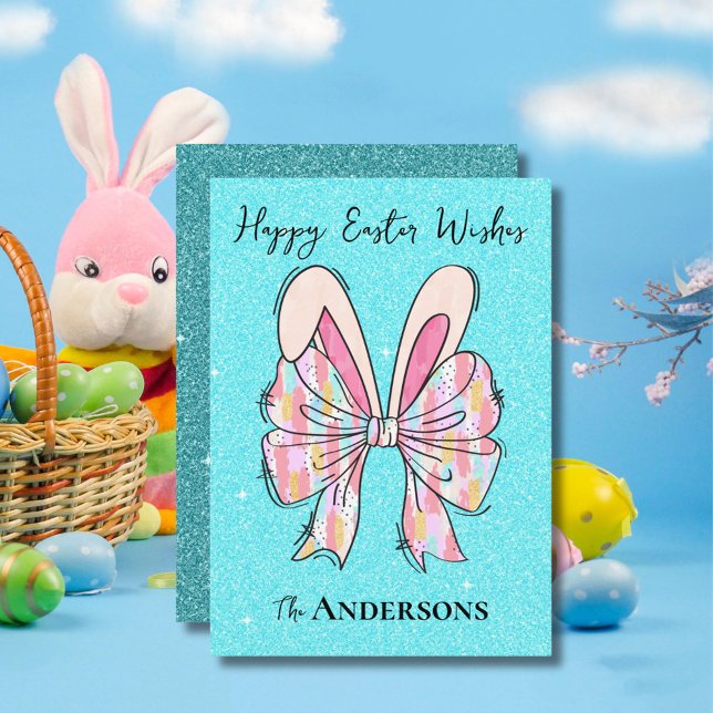Elegant Aqua Glitter Easter Bunny Ears & Bow Holiday Card (Creator Uploaded)