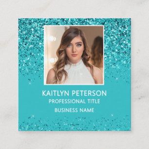 Elegant Aqua Glitter Photo QR Code Square Business Card